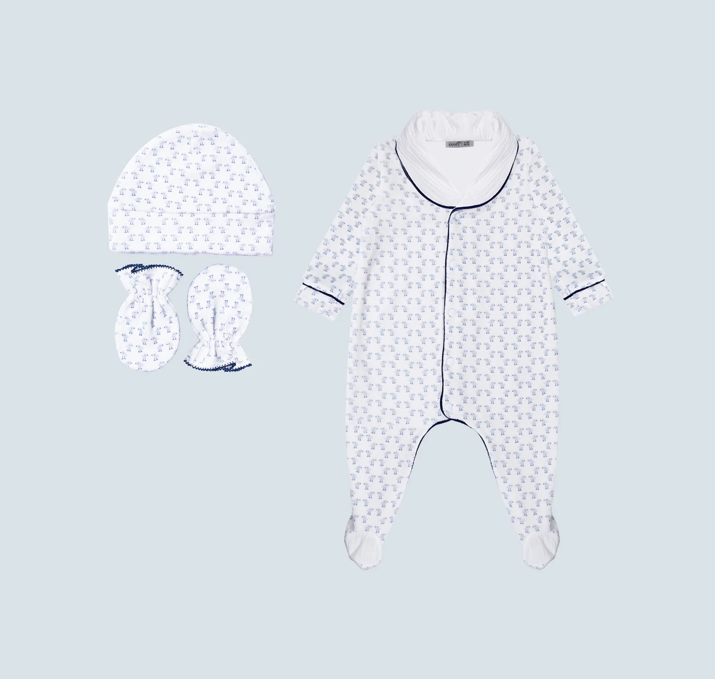 Pack dort bien bleu grenouillère, moufles & Bonnet
