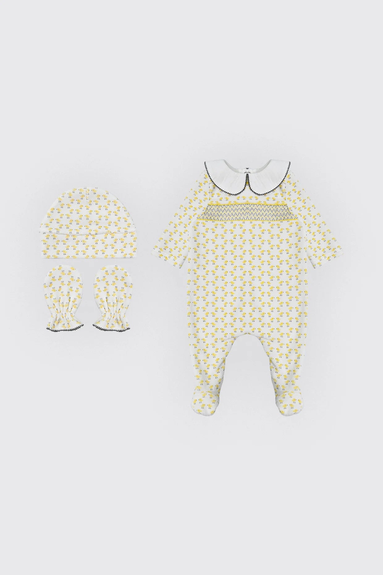 Pack dort bien jaune grenouillère, moufles & Bonnet