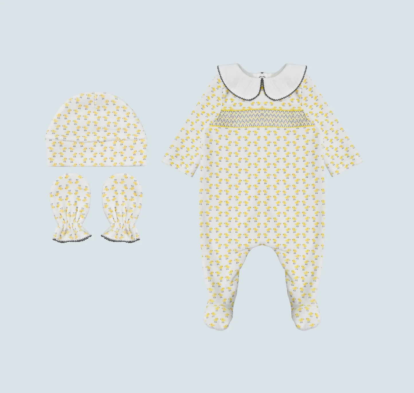 Pack dort bien jaune grenouillère, moufles & Bonnet