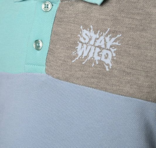 T-shirt polo tricolore en piqué 100% coton à col chemisier et sérigraphie