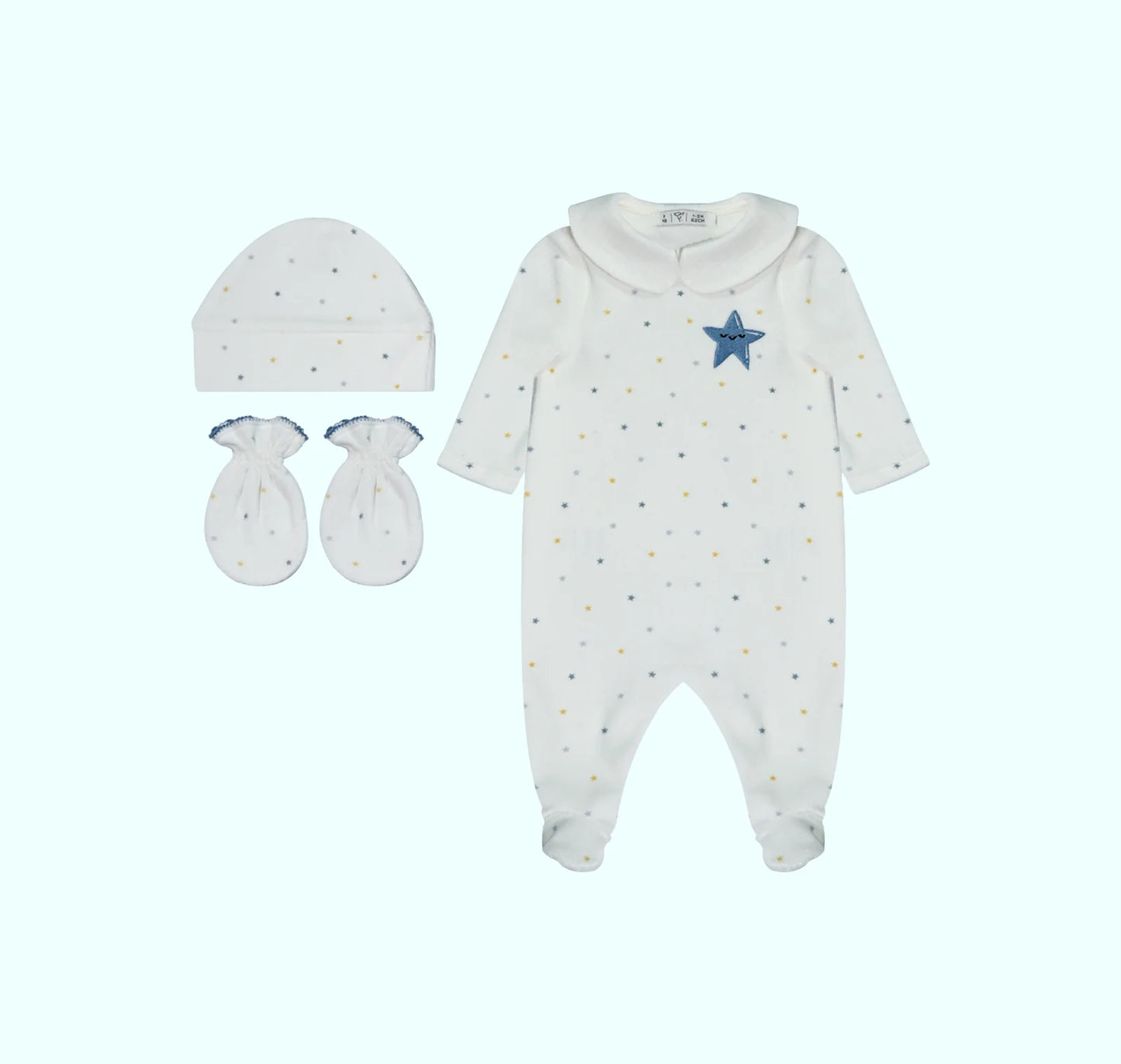 Pack dort bien bleu avec étoile grenouillère, moufles & Bonnet