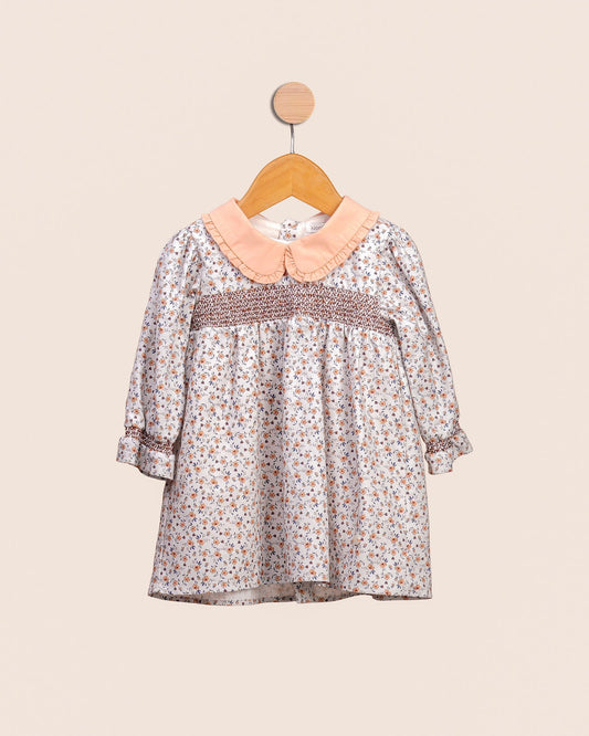 Robe bébé fille – Imprimé fleuri & col contrasté pêche