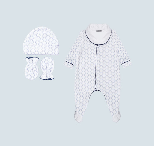 Pack dort bien bleu grenouillère, moufles & Bonnet