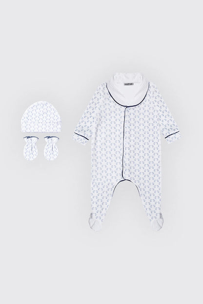 Pack dort bien bleu grenouillère, moufles & Bonnet