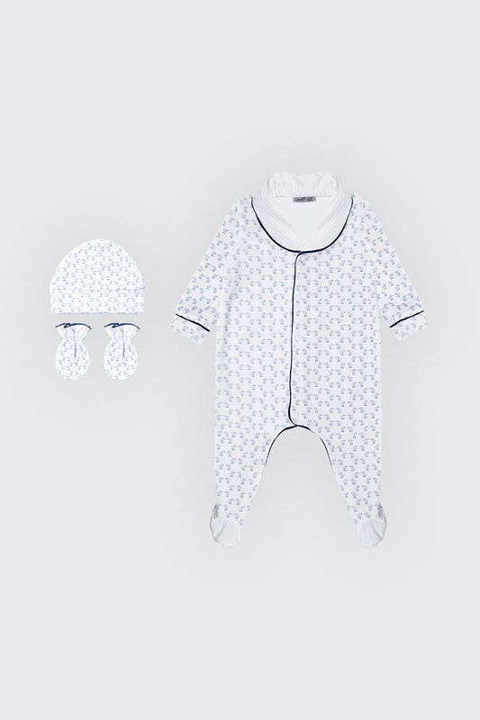 Pack dort bien bleu grenouillère, moufles & Bonnet