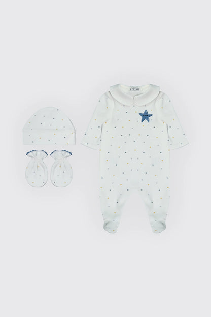 Pack dort bien bleu avec étoile grenouillère, moufles & Bonnet