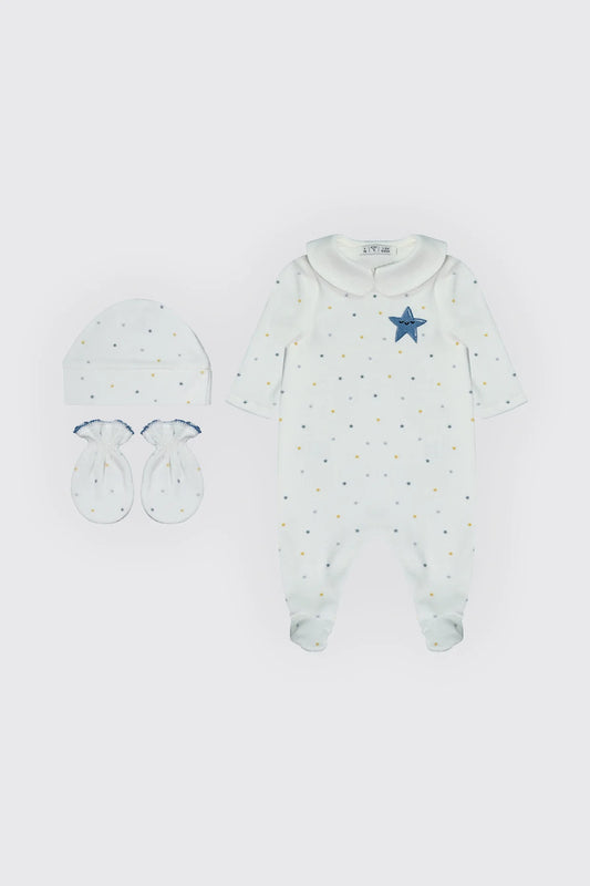Pack dort bien bleu avec étoile grenouillère, moufles & Bonnet