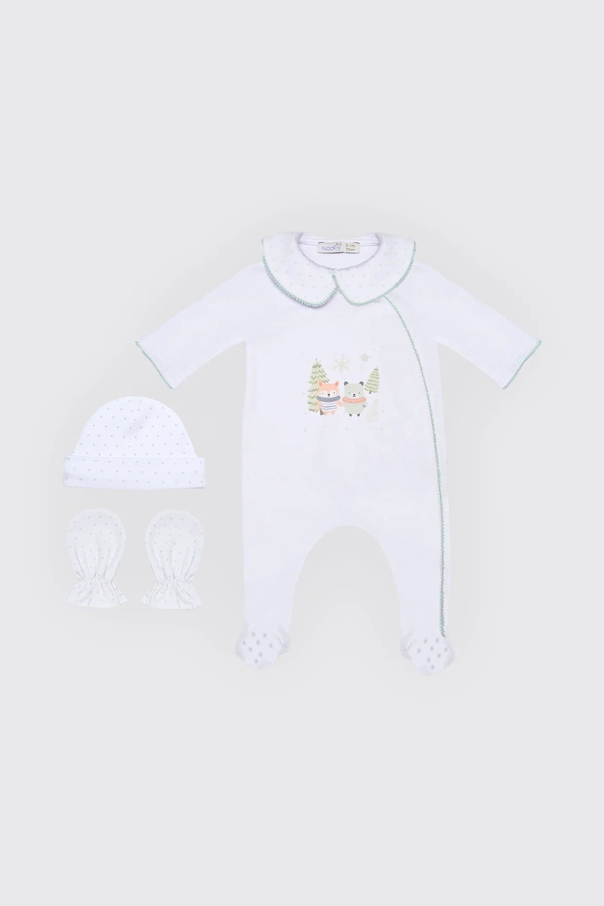Pack dort bien en tissu 100% coton blanc , moufles & Bonnet
