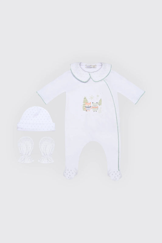 Pack dort bien en tissu 100% coton blanc , moufles & Bonnet