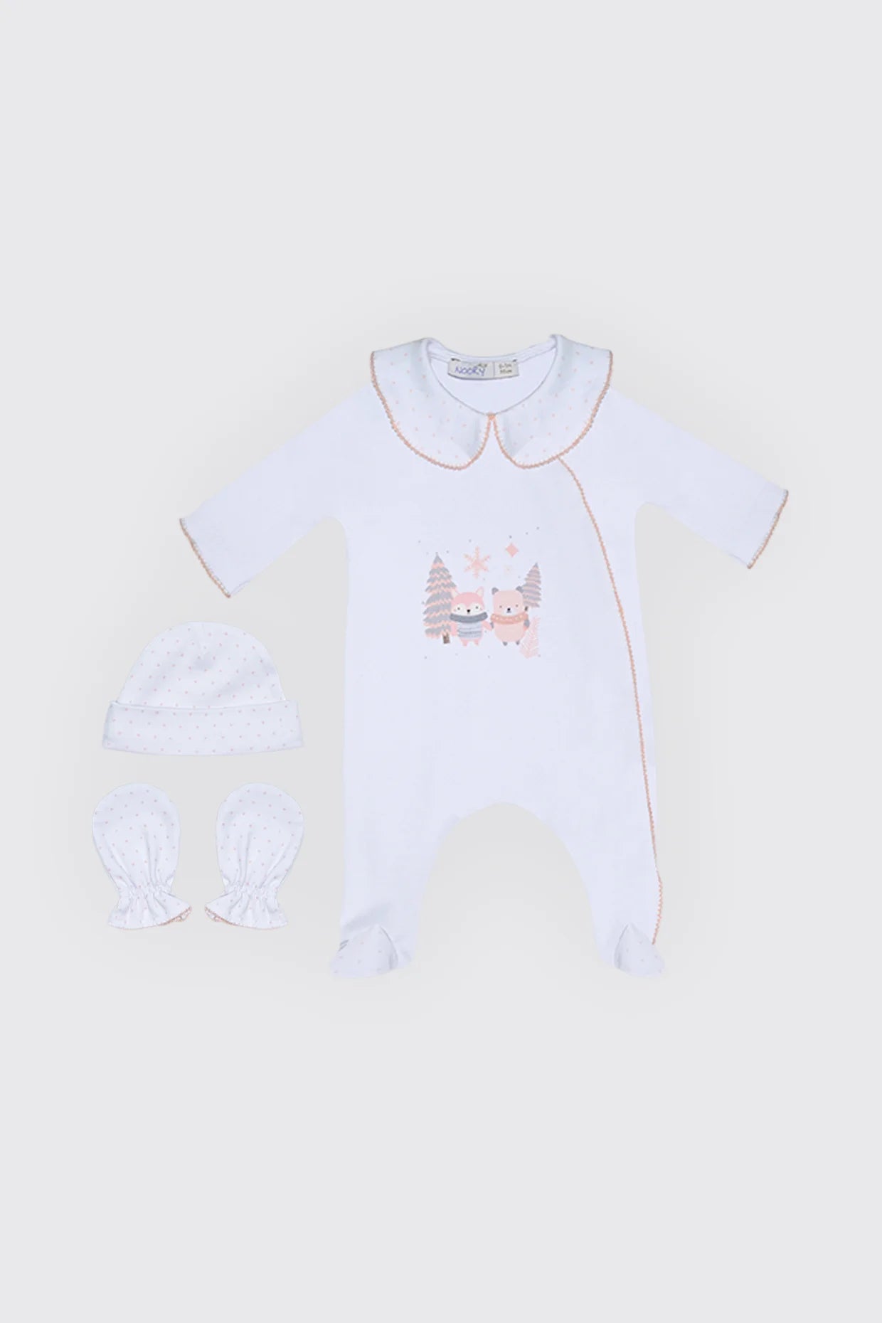 Pack dort bien en tissu 100% coton blanc , moufles & Bonnet