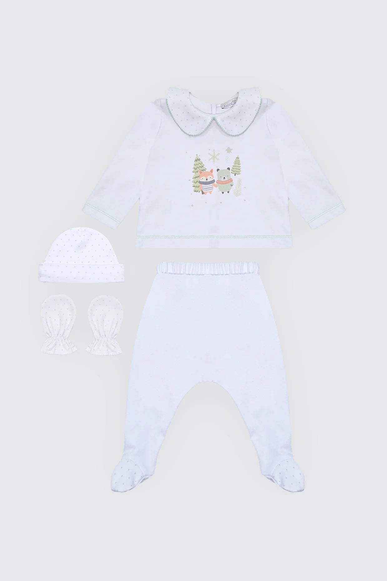 Pack dort bien en tissu 100% coton blanc , moufles & Bonnet