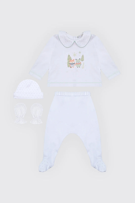 Pack dort bien en tissu 100% coton blanc , moufles & Bonnet
