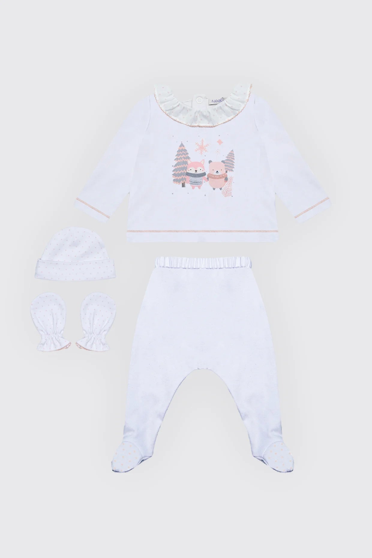 Pack dort bien en tissu 100% coton blanc , moufles & Bonnet