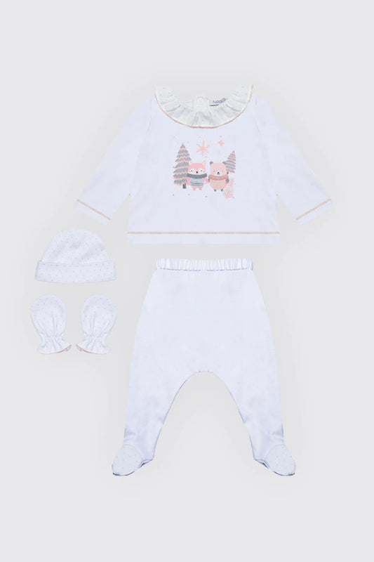 Pack dort bien en tissu 100% coton blanc , moufles & Bonnet