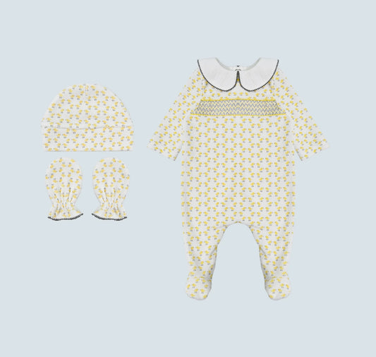 Pack dort bien jaune grenouillère, moufles & Bonnet