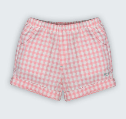 Short en vichy rose avec une broderie colombe