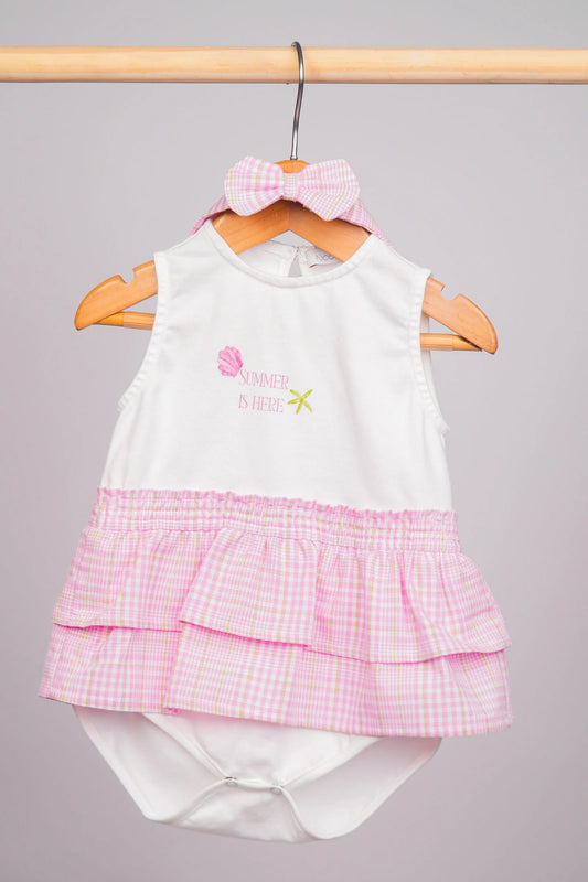 Barboteuse bébé fille Summer is Here blanc & rose à carreaux