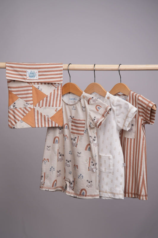 Pack de naissance 3 pièces  + Pochette – Motifs Koala, Rayures & Naturel