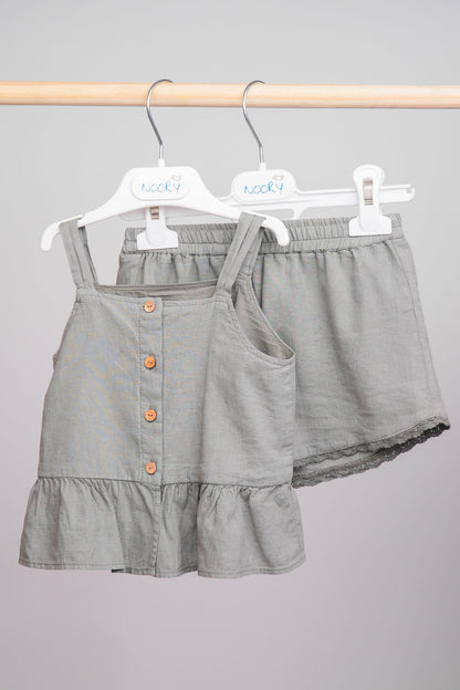 Ensemble lin kaki haut à volants & short ceinturé