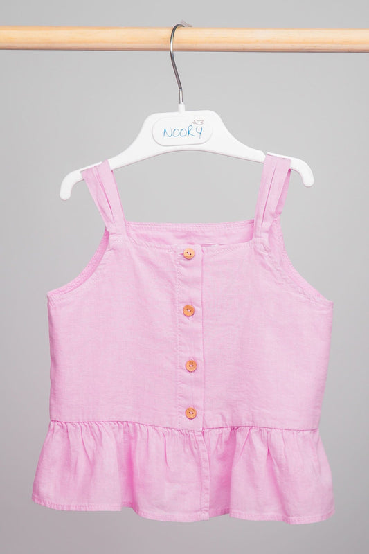 Ensemble lin rose haut à volants & short ceinturé