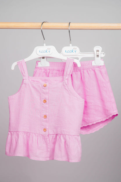Ensemble lin rose haut à volants & short ceinturé
